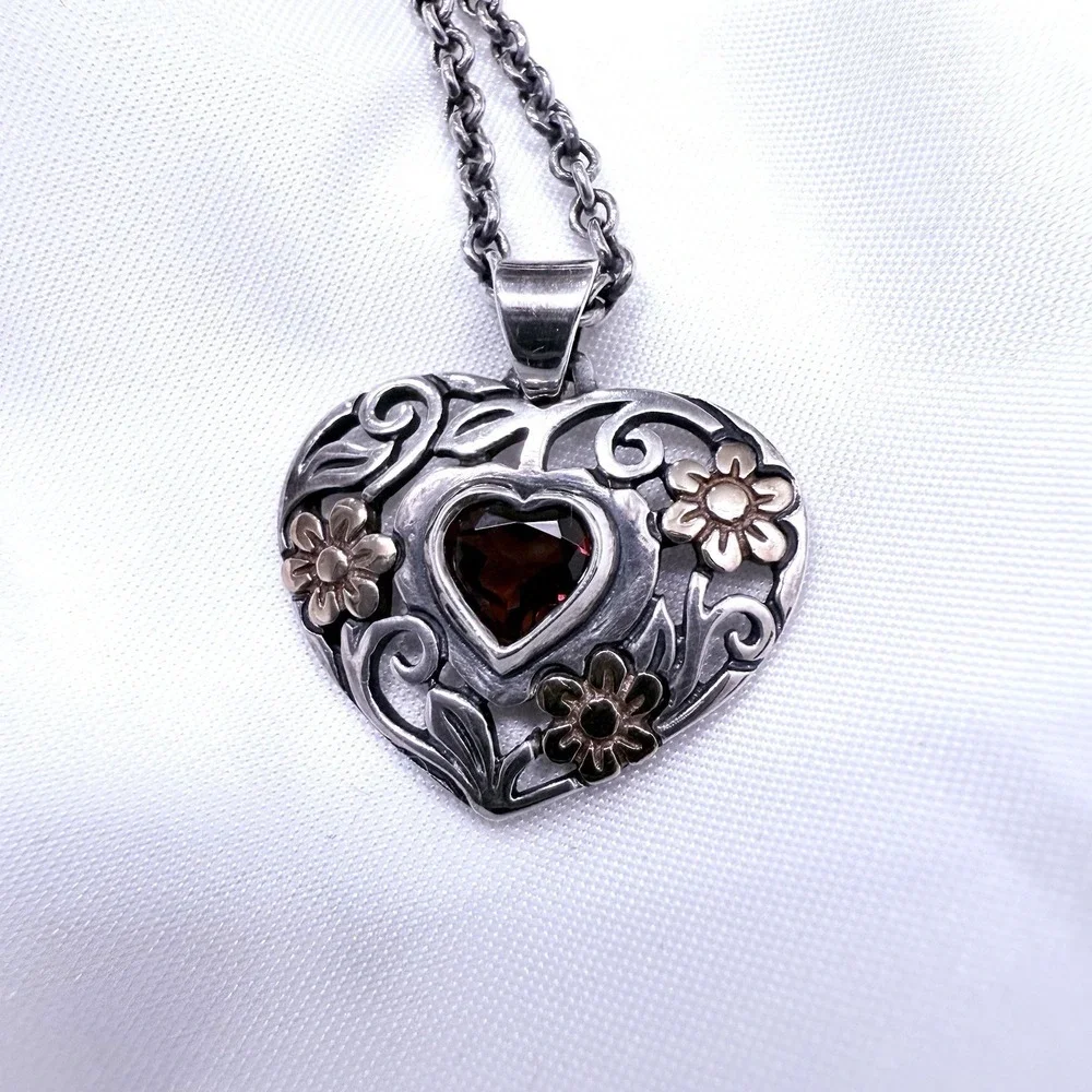Retired James Avery‎ Garnet Heart Necklace Silver Gold Jewel Classic Preppy